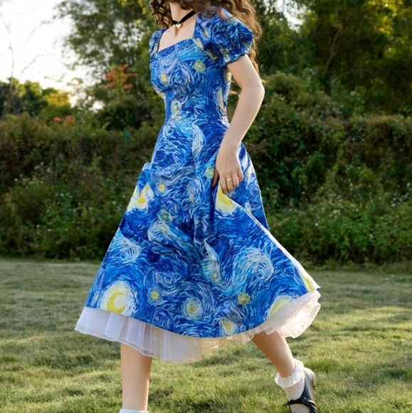 WomenVan Gogh"Starry Night"Print Dress,Retro Palace Style Puff Sleeve,Art Series - Picture 1 of 7